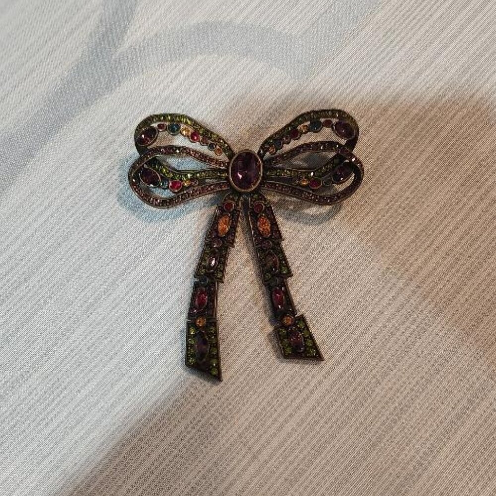 Heidi Daus Vintage Bronze-tone Multi-color Crystal Bow Brooch - Picture 1 of 3